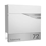 Forgard Briefkasten Weiß mit Zeitungsfach (RAL 9016), personalisiert, Postkasten modern aus Zinkstahl mit 2 Familiennamen, Straße & Hausnummer inkl. Montageset, TRELLEBORG