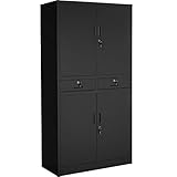 tectake® Aktenschrank, Mehrzweckschrank aus Stahl, Allzweckschrank, Aktenschrank abschließbar, 2 Schrankabteilen, 2 Schubladen, Türen und Schloss, Büroschrank, Werkzeugschrank, 180x80x40cm - schwarz