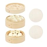 BULZEU Bambus Dampfgarer, 2 Etagen Bambusdämpfer, Ø 15CM Dumpling Steamer Bambus Dampfkorb Asiatischer Dämpfkorb mit 2 Baumwolltüchern, für Reis, Dim Sum, Gemüse, Fisch Fleisch Dumpling