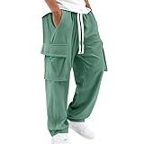 Genérico Lässige Cargohose für Herren, einfarbig, einfarbig, lockere Leggings, für Herren, mit seitlichen Taschen, Bund mit Kordelzug, Grün, M