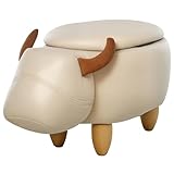 HOMCOM Hocker Kuh - Hocker Kuh - Stier Aufbewahrungsbox 2 in 1 - Beine Hevea-Holz synthetische Beschichtung Aspekt Creme