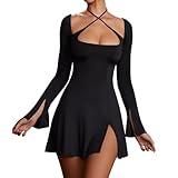 RPAEOY Kleider Damen Quadratischer Ausschnitt Überkreuzter Riemen Langarmkleid Sexy Bodycon Rückenfrei Cocktail Enger Partykleid mit Schlitz Minikleid Elegant Hohe Taille Festlich Party (Schwarz,M)