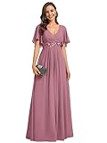 Ever-Pretty Damen Abendkleid Lang Elegant für Hochzeit Appliziertes V-Ausschnitt A-Linie Ballkleider Chiffon Brautjungferkleider Orchidee 56