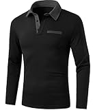 GLESTORE Poloshirt Herren Langarm Polo Shirts für Männer Golf Polohemd Mit Kragen Regular Fit Schwarz L