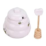 Veemoon Keramischer Honigtopf Mit Löffel - Eleganter Honigbehälter Für Die Küche - Idealer Sirupspender Und Marmeladendose Stilvoller Gewürzkanister Mit Bienenmotiv 2 Teiliges Set