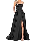 HAHAEMMA Damen Elegant Lange Ballkleider mit Taschen Satin A-Linie Backless Hochzeitskleid Abendkleider Sexy Neckholder Spaghetti Brautkleid Kleider Lang Prinzessin Brautjungfer Kleid (BL-XS)