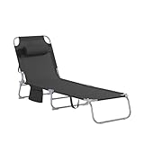SoBuy Sonnenliege klappbar Gartenliege Liegestuhl klappbar mit Kopfkissen & Seitentasche Strandliege Balkon Relaxliege 155x56x81cm für Gartenmöbel Terrasse Camping Schwarz OGS35-SCH