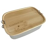 AWASG Brotzeitdose Edelstahl - Personalisiert mit Namen - Brotdose Erzieherin mit Herz Gravur - Lunchbox Erzieher mit Holzdeckel - Schnallenverschluss 1 Liter