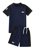 Mufeng Kinder Jungen Badeanzug Zweiteiler Kurzarm Badeshirt mit Schwimmhose Kurz Schwimmanzug Bademode Schwimmen Badekleidung Marineblau und Schwarz 146-152