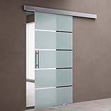 doporro Glasschiebetür Komplettset 90 x 205 cm | 25mm Wandabstand | Schiebetür mit ESG-Sicherheitsglas | Zimmertür Glas mit 5-Milchglas-Streifen und Stangengriff | Amalfi-plus 13