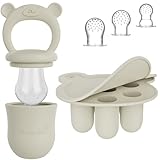 Baby Fruchtsauger & 3 Schnuller mit Eisform Set - Beiger Silikon Nahrungsschnuller mit Beißring, Fruchtschnuller für Obst & Gemüse, Eiswürfelform mit Deckel | Broemba