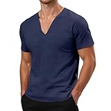 Herren Leinenhemd mit V-Ausschnitt,T-Shirts Henley Shirt Kurzarm Basic T Shirt Männer Beiläufig Unterhemden Sommerhemd