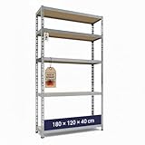 TKT – Work System Steckregal mit Holzböden 180x120x40cm - Verzinktes Regal mit 150kg Tragkraft pro Boden. Schwerlastregal mit 5 Böden für Werkstatt, Wohn- & Kellerraum