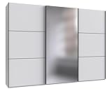 Moderner 3-türiger Schwebetürenschrank B300/H216/T65 cm in Weiß mit Spiegel mit schwarzen Griffleisten, inkl. Selbsteinzug, Einlegeböden, Kleiderstangen, Schubladen, Wäscheeinteilung / 22019