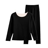 Solides Thermo-Unterwäsche-Set Für Damen Samtverdickte,Warme Unterwäsche Mit Rundhalsausschnitt Skiunterwäsche Oberteil Klassisch Leichte Langes Ärmeln Oberteil Freizeit Stretch Tops (Black, One Size)