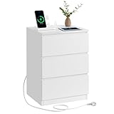 VASAGLE Kailyn Kollektion - Nachttisch mit Steckdosenleiste, Beistelltisch, 3 Schubladen, 2 AC-Steckdosen, 2 USB-A-Anschlüsse, modern, wolkenweiß LET631W14
