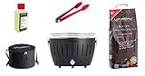 LotusGrill S Small Kompakt Starter-Set Anthrazitgrau der raucharme Holzkohlegrill mit 2,5 kg Buchenholzkohle, 200 ml Brennpaste, 1x Zange (Farbe nach Vorrat), 1x Tasche Stromversorgung USB-Powerbank