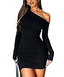 Navneet Damen Off Shoulder Kleider Herbstkleid Elegant Minikleid Sexy Schwarz Langarm Eng Kleid Hochzeit Party Festlich Schwarz M