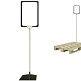 Plakatständer DIN A4 Rahmen schwarz, Teleskopständer höhenverstellbar bis 1510 mm mit Teleskoprohr ALU Kunststoff, Fuß eckig 160x192 mm Stahl schwarz, Kundenstopper, Aufsteller für Paletten Ware