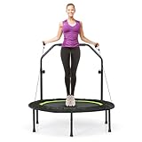 COSTWAY φ101cm Mini Trampolin, Fitness Trampolin mit höhenverstellbarm Haltegriff & 2 Widerstandsbändern, Kindertrampolin faltbar, Gartentrampolin bis 150kg belastbar für Erwachsene und Kinder (Grün)