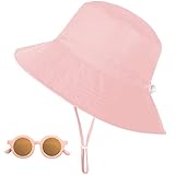 Sonnenhut Kinder, UV-Schutz UPF 50+ Breiter Krempe Sonnenschutz Fischerhut Bbay mit Sonnenbrille, Atmungsaktiv Bucket Hat mit Verstellbarem Kinnriemen, Strandhut für Mädchen - Rosa, 2-6 Jahre