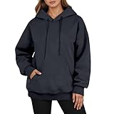 Hoodie Damen Oversize Pullover Sweatjacke mit Tasche Langarm Sweatshirt mit Kapuze Einfarbig Basic Kapuzenpullover Hoody Sport Style Oberteile Casual Übergangsjacke Mantel