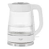 ADLER EUROPE AD 1306 Glas-Wasserkocher, 1,8 L Fassungsvermögen, 1850W, LED-Beleuchtung, Wasserstandsanzeige, Weiß
