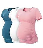 LAPASA Damen 3 er Pack Umstandstop Umstandsmode Umstandskleidung Tops Schwangerschaft Kurzarm Umstands T-Shirt L55, Blaugrün, Weiß, Rosa, XL