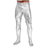 Sywiyi Herren Metallic Glänzend Leggings Lang Unterhose Strumpfhose Slim Fit Sexy Dessous Mottoparty Clubwear Silber XXL