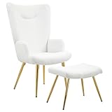 HOMCOM Ohrensessel mit Hocker, Sessel mit Sherpa-Bezug, Hohe Rückenlehne, Loungesessel mit Armlehne, Stahlbeine für Wohnzimmer, Schlafzimmer, Weiß