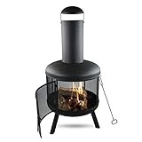 MaxxGarden Pompei 360° Gartenkamin - Terrassenkamin - Windgeschützter Outdoor Kamin - Feuerstelle - Mit Stahlgitter- Mit Funkenschutz Zum Entspannen - Ø60x130cm - Schwarz + kostenlose Abdeckung