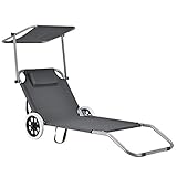casa.pro Sonnenliege Falun Liegestuhl klappbar Relaxliege Strandliege bis 110 kg 146 x 62 x 60 cm Gartenliege mit Sonnenschutz Rückenlehne verstellbar 2 Räder Stahlgestell Anthrazitgrau