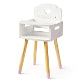 ROBUD Puppenhochstuhl Holz für Rollenspiel, Baby Puppen HochstuhlHolz mit Futtertablett, Herz-und Schleifendesign, Puppenmöbel für Puppen unter 45 cm, Mädchen Geschenke Spielzeug ab 3 Jahren, Weiß