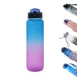 AUSYIWI Sport-Wasserflasche, 1 Liter, auslaufsicher, umweltfreundlich und sicher, tragbares Design mit Reinigungsbürste, integrierte Motivation, stoßfest und sturzfest (poederblauw)