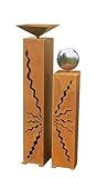GARTENDEKOSHOP24 - Gartendeko Metall, Rostsäulen, für draußen. 2er Rostsäulen, 80/60 cm, Edelrost, mit Edelstahlkugel und Schale, Outdoor. Säulen handgefertigt, mit Rissen. Geschenk für den Garten.