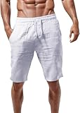Kurze Hosen Herren Sommer Baggy Leinenhose Mit Gummizug 3/4 Hose Mit Taschen Elastische Taille Sommerhose Stretch Leicht Beach Shorts Outdoor Freizeithose Sporthose Herren(Blanc,3XL)