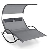 COSTWAY Sonnenliege für 2 Personen, Doppelliege mit Dach und 2 abnehmbaren Kopfstützen, ergonomische Gartenliege, Schaukelliege bis 300 kg belastbar, Relaxliege für Garten, Terrasse (Grau)
