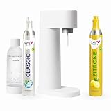 Sparpaket: Mysoda Woody - Wassersprudler aus erneuerbarem Holzkomposit mit 1L BPA-freier Plastikflasche, CO2-Zylinder Classic + CO2-Zylinder Zitrone (Weiß)
