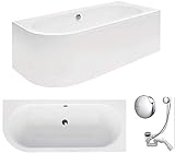 VBChome Badewanne 180x80 cm Acryl SET Schürze Siphon Wanne Ecke Eckbadewanne Weiß Design Modern Ablaufgarnitur in Chrom Viega Simplex für 2 Personen rechts