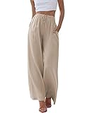 Imuedaen Damen Hosen Sommer Leinen Leicht Casual Locker Leinenhose Freizeithose Palazzo Hose Weite Leg Hose Sommerhose Hohe Taille mit Tunnelzug und Taschen (Khaki, L)