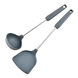 WEKADRIN 2 Stück Teiliges Silikon Küchenhelfer Hitzebeständig mit Edelstahlgriff Praktischer Spatel und Löffel für Antihaftbeschichtete Pfannen Leicht und Ergonomisch für Komfortables