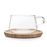 VIVA Teetasse oder KaffeeTasse mit Untertasse aus Glas aus Bambusholz – 250 ml – perfekt für Cappuccino