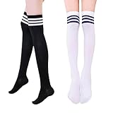 KEYRI 2 Paar Kniestrümpfe Wadenstrümpfe, Halterlose Strümpfe Mittelschenkelsocke 3 Gestreifte Lange Röhrenstrümpfe, Einheitsgröße Modisch und Vielseitig Leicht zu Kombinieren (1 Schwarz + 1 Weiß)