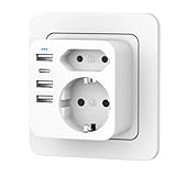 Mehrfachsteckdose mit 4 USB Netzstecker,Doppelstecker für USB Steckdose,Mehrfachstecker für USB Steckdose und USB C Adapter, Wand Ladegerät, Steckdosenleiste (weiß)