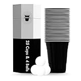 RedCupShop® Becher Set | 25 Black Cups & 4 Bälle | Spülmaschinenfest & Wiederverwendbar | 473ml/ 16oz schwarze Partybecher