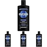 Syoss Shampoo Volume (440 ml), für feines & plattes Haar, silikonfreies Shampoo für bis zu 48 h Volumen ohne Beschweren, vegane Formel mit Violettem Reis (Packung mit 4)