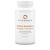 vitaworld Fokus Komplex – 120 vegane Kapseln mit Bacopa Monnieri, Ginseng, Ginkgo - Magnesium, Folsäure & Vitamin B12 unterstützen Konzentration, Energie & mentale Balance