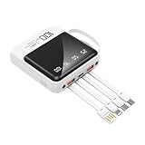 Tragbares 10000mAh-Handy-Ladegerät mit Integrierten Kabeln und Taschenlampe, Externer Powerbank-Akku, Kompatibel mit iPhone, Samsung, Google, LG, iPads und Mehr (Weib)