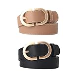 XFSRG 2 Stück Gürtel Damen Verstellbarer Breiter Taillengürtel aus Leder mit Elastik und Goldschnalle Einfarbiger Hüftgürtel für Kleider Jeans und Hosen （Schwarz Khaki）