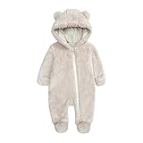 Baby Fleece Strampler Mit Footie,Neugeborenen Jungen Mädchen Frontreißverschluss Plüsch Jumpsuit & Overall,Niedlicher Winter Dicker Warmer Romper Mit Bärenohr Kapuzen 0-12 Monate